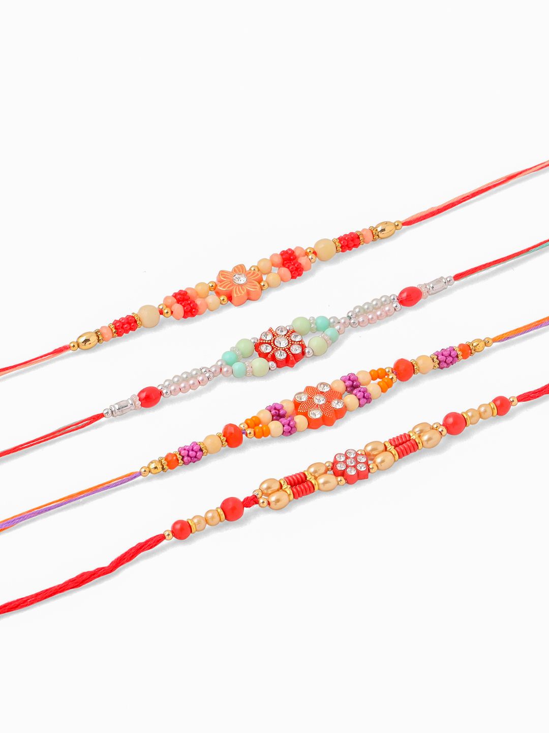 NVR Unisex Set of 4 Floral Artificial Stones and Beads Thread Rakhi With Roli Chawal