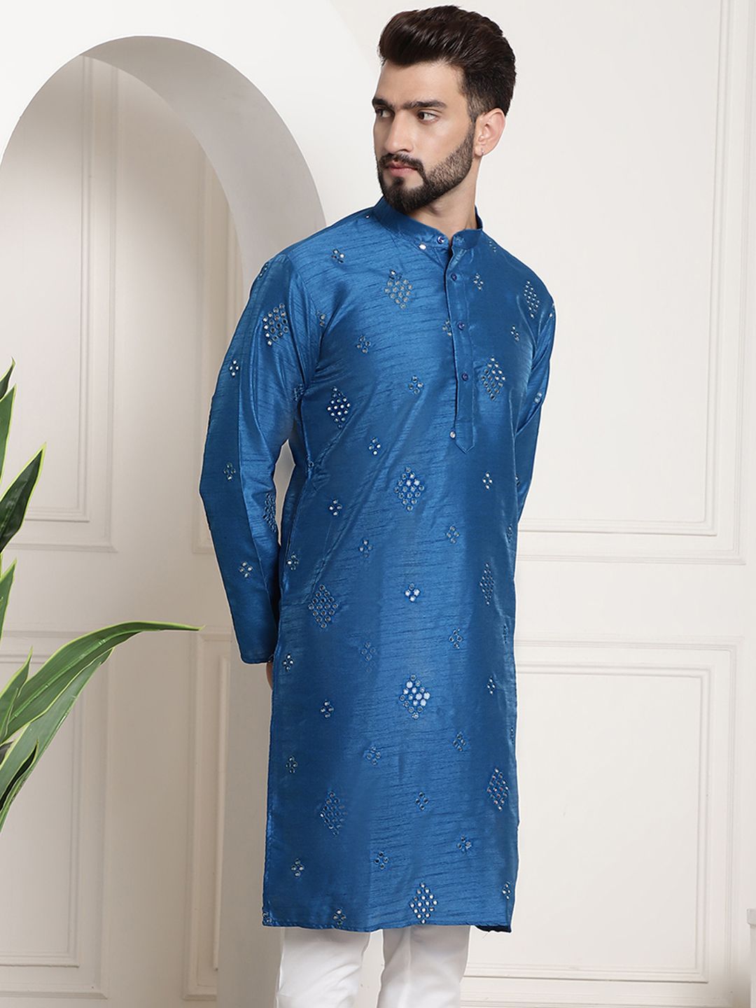 SOJANYA Ethnic Motifs Embellished Mirror Work Silk Cotton Kurta