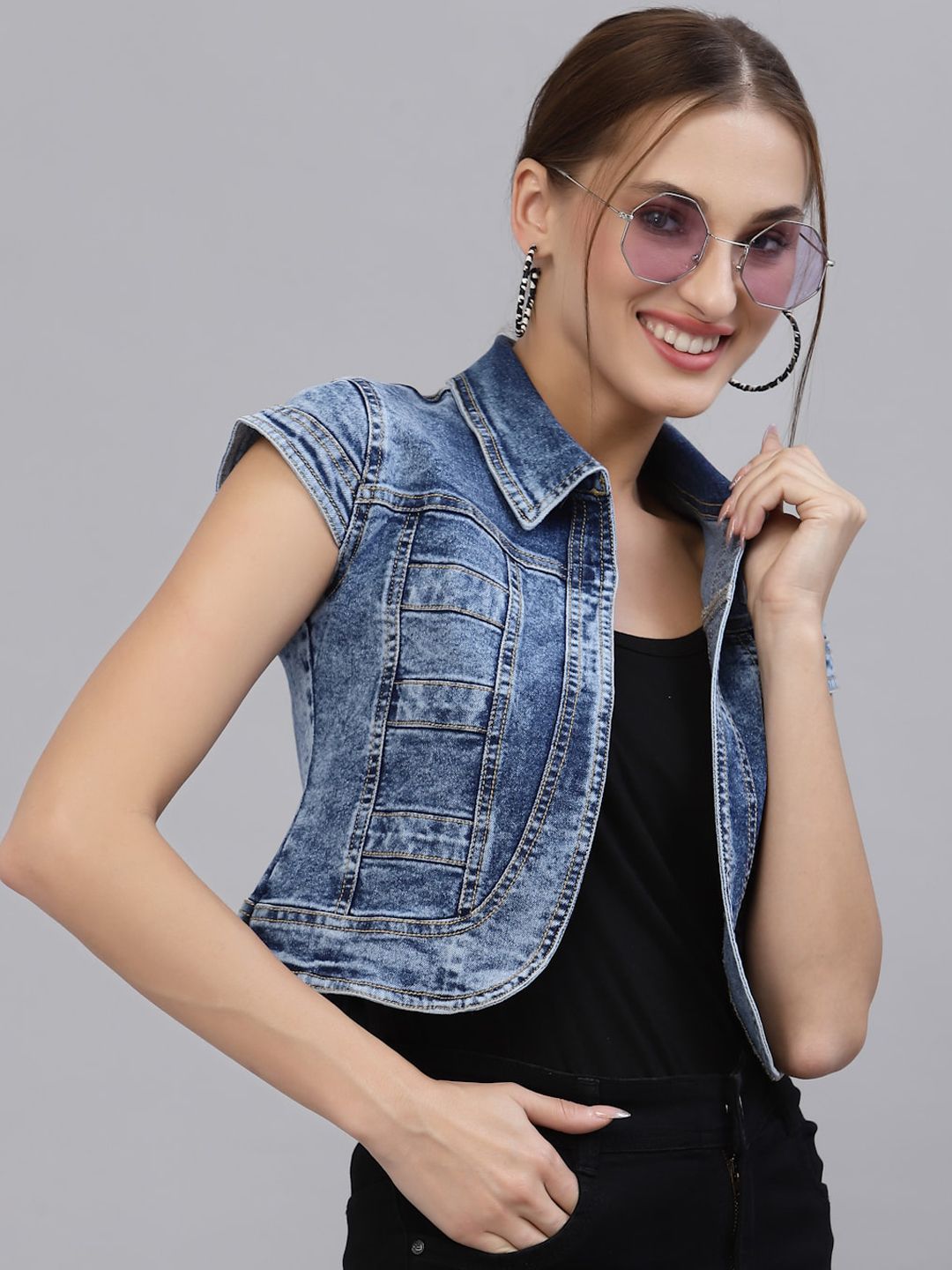 Style Quotient Women Washed Crop Denim Shrug