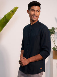 "Locomotive Premium Men Cotton Linen Solid Mandarin Collar Roll-Up Sleeve  Casual Shirt"