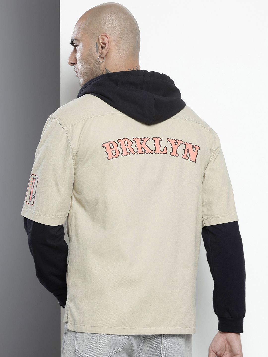 The Indian Garage Co Pure Cotton Doctor Sleeves Printed Hooded Relaxed Casual Shirt