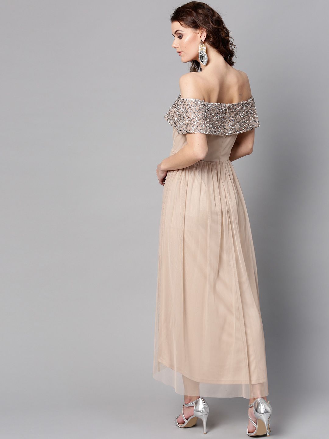 STREET 9 Women Beige Solid Net Off-Shoulder Maxi Dress