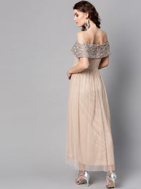 STREET 9 Women Beige Solid Net Off-Shoulder Maxi Dress