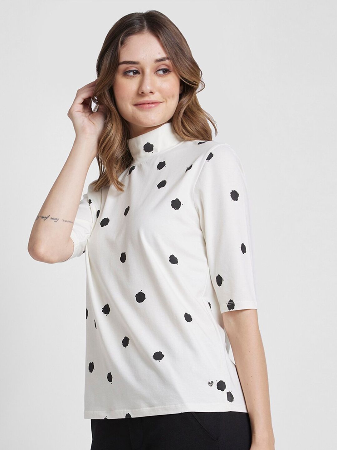 SPYKAR Polka Dots Printed High Neck Cotton Top