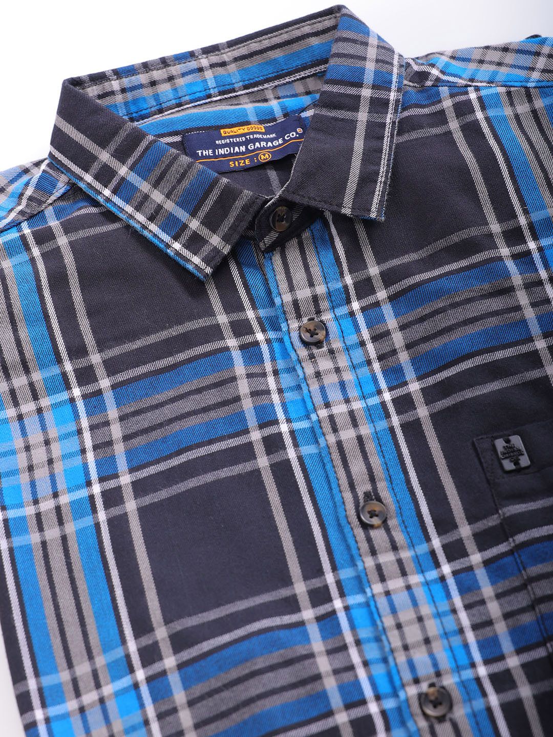 The Indian Garage Co Men Black & Blue Checked Pure Cotton Casual Shirt