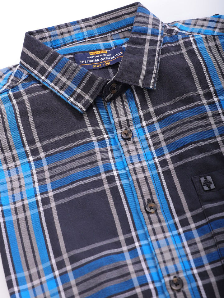 The Indian Garage Co Men Black & Blue Checked Pure Cotton Casual Shirt