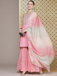 House of Pataudi Women Floral Yoke Design Pure Cotton Jashn Kurta with Sharara & Dupatta