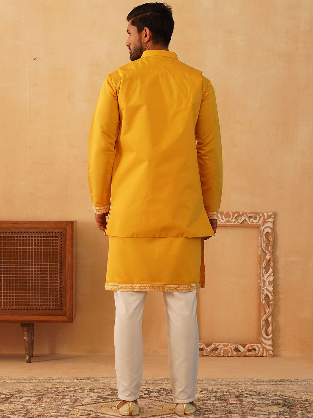 Jompers Floral Yoke Design Sequinned Regular Kurta with Pyjamas & Embroidered Waistcoat