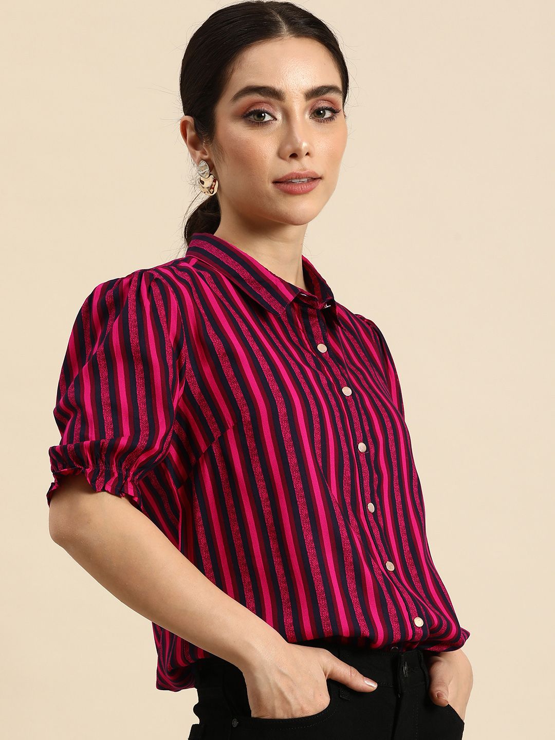 all about you Women Puff Sleeves Spread Collar Striped Casual Shirt