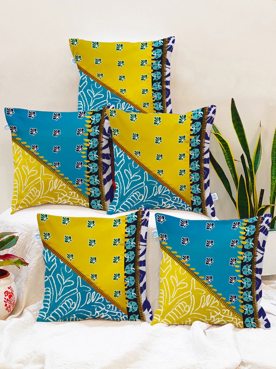 STITCHNEST Blue & Mustard Set of 5 Ethnic Motifs Square Cushion Covers