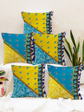 STITCHNEST Blue & Mustard Set of 5 Ethnic Motifs Square Cushion Covers