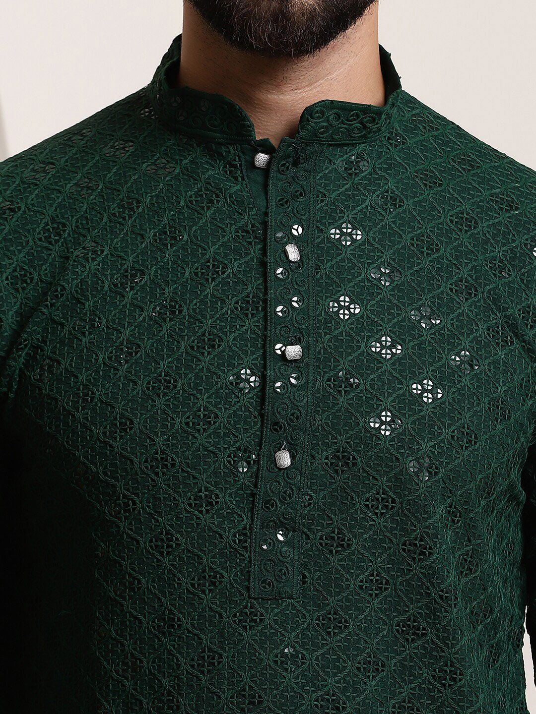 SOJANYA Mandarin Collar Sequins Embellished Pure Cotton Straight Kurta