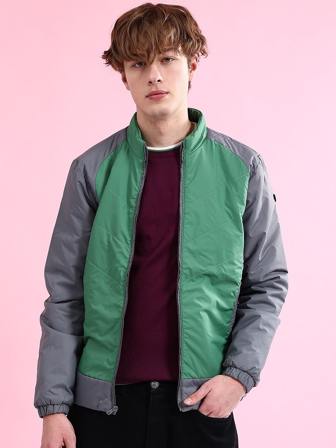The Indian Garage Co Colourblocked Mock Collar Long Sleeves Padded Jacket
