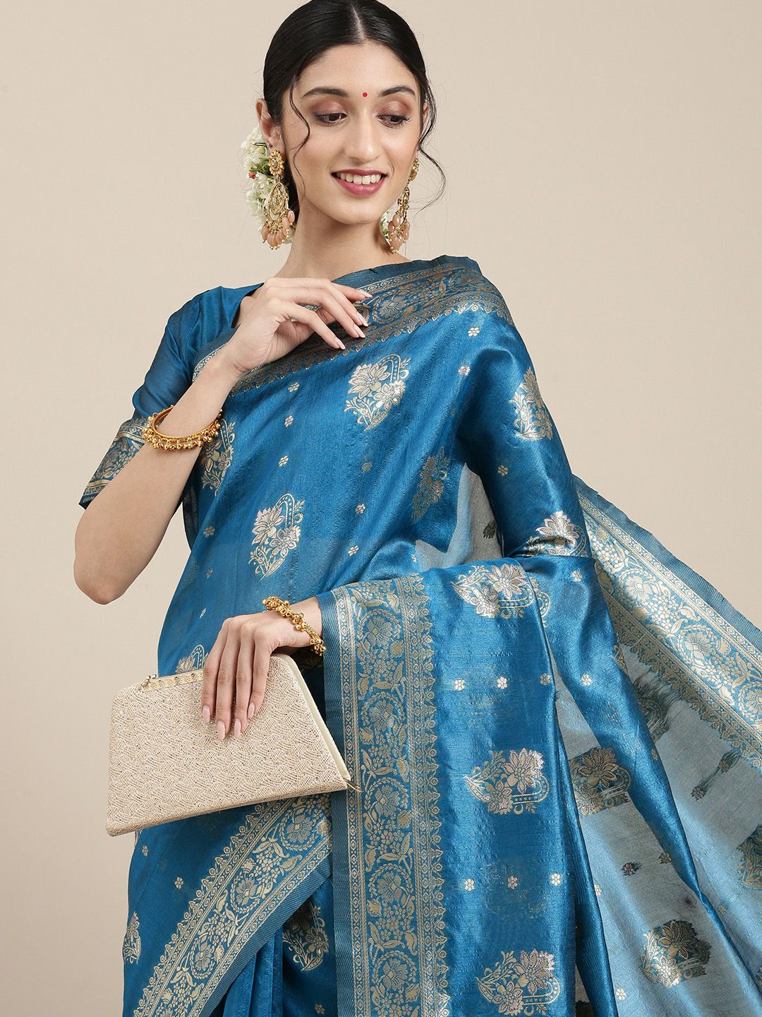 Saree mall Blue Floral Silk Blend Banarasi Sarees