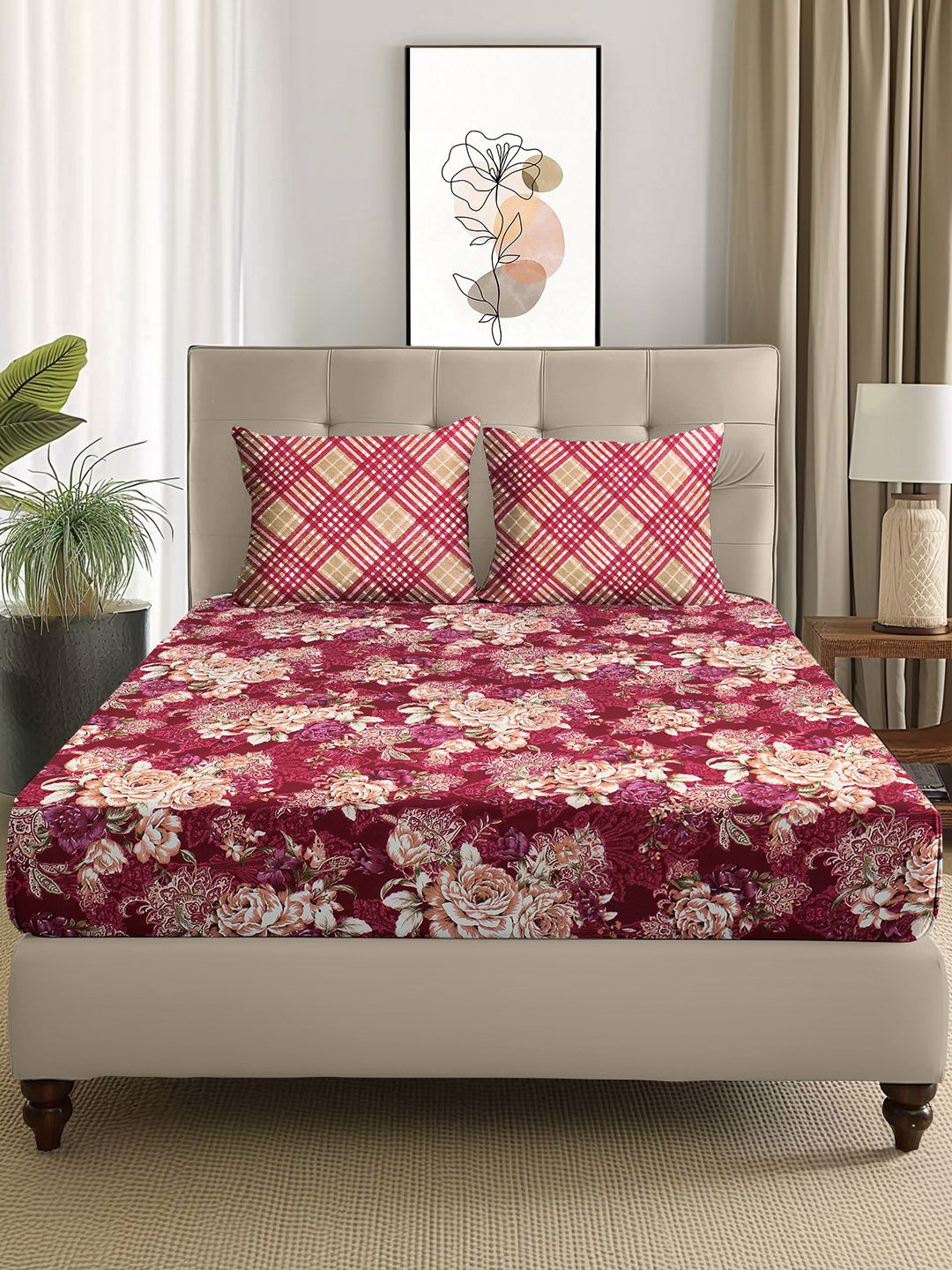 Story@home Arena Magenta & White Floral Microfiber 180 TC Queen Bedsheet & 2 Pillow Covers