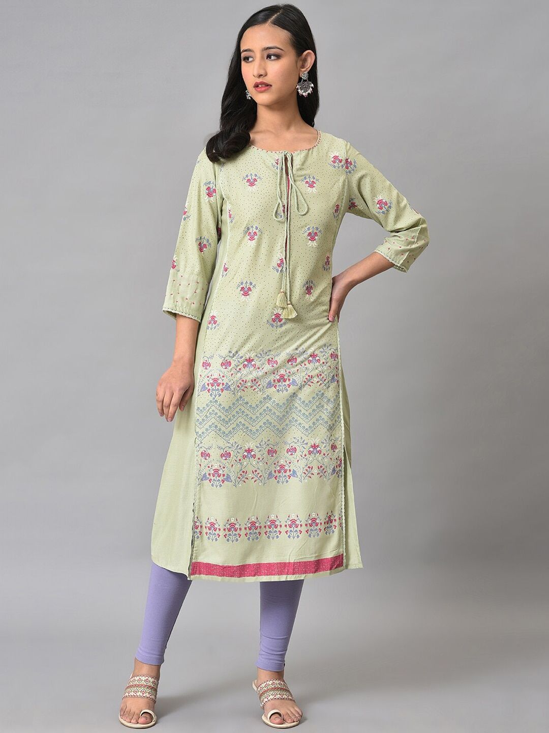 W Women Floral Printed Tie-Up Neck Kurta