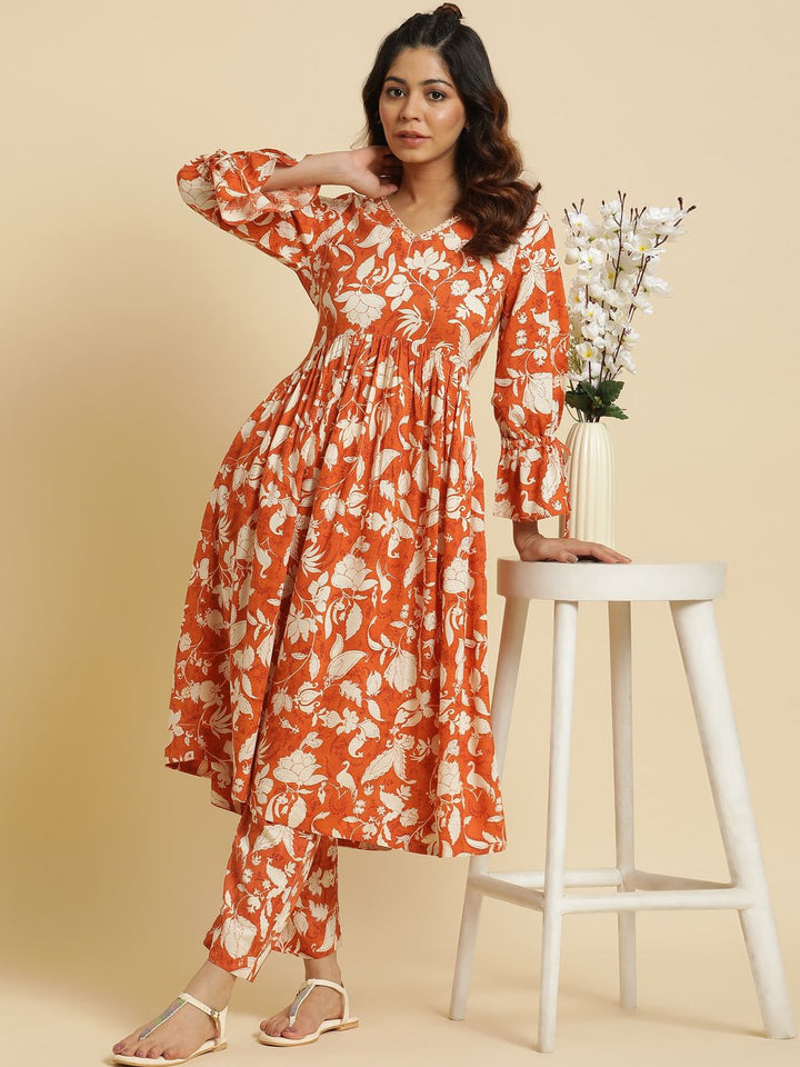 W Floral Printed V-Neck Empire Kurta with Trousers