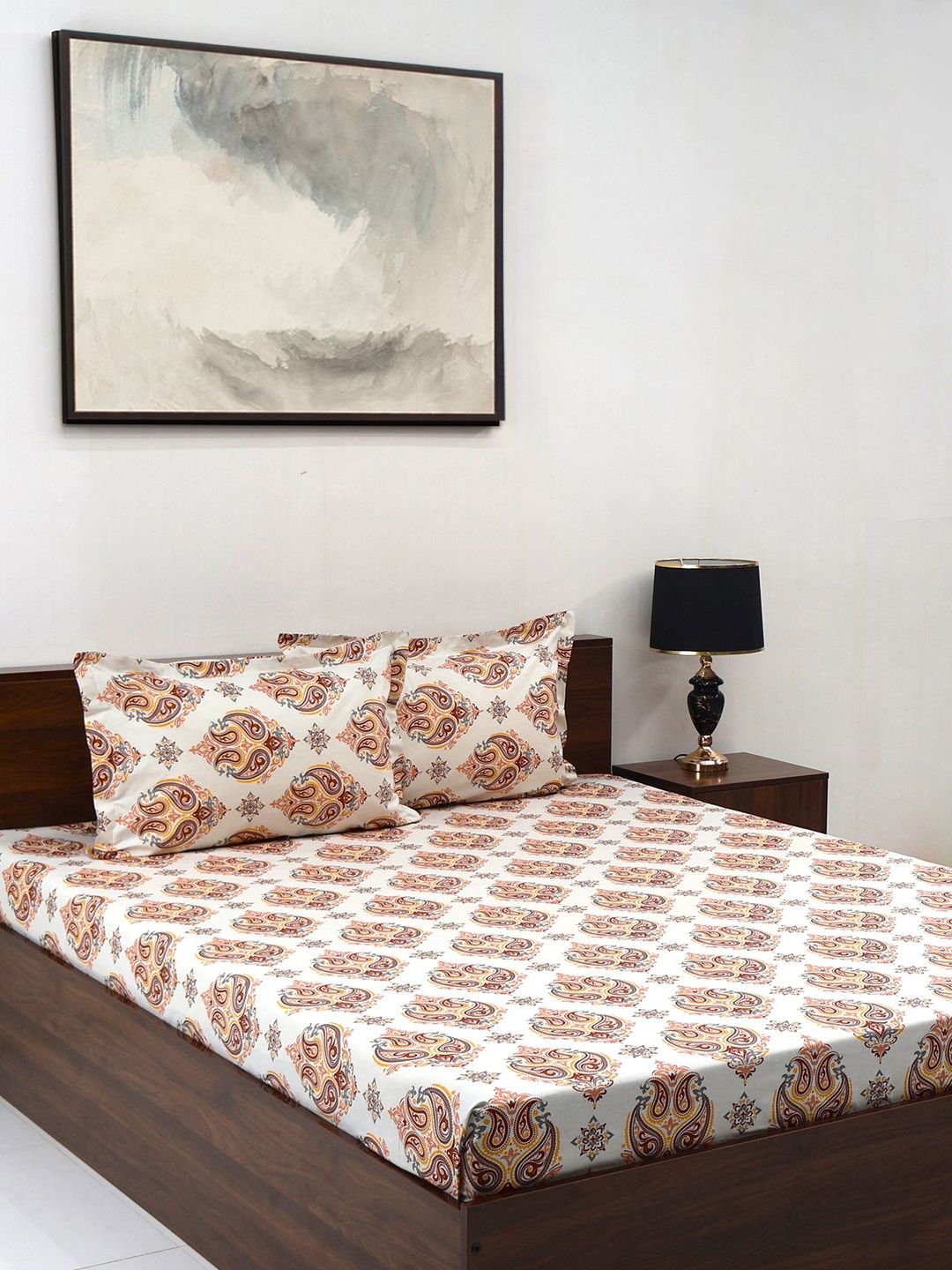 BOMBAY DYEING Cardinal Brown Ethnic 120 TC Cotton Queen Bedsheet Set-2.24 m X 2.54 m
