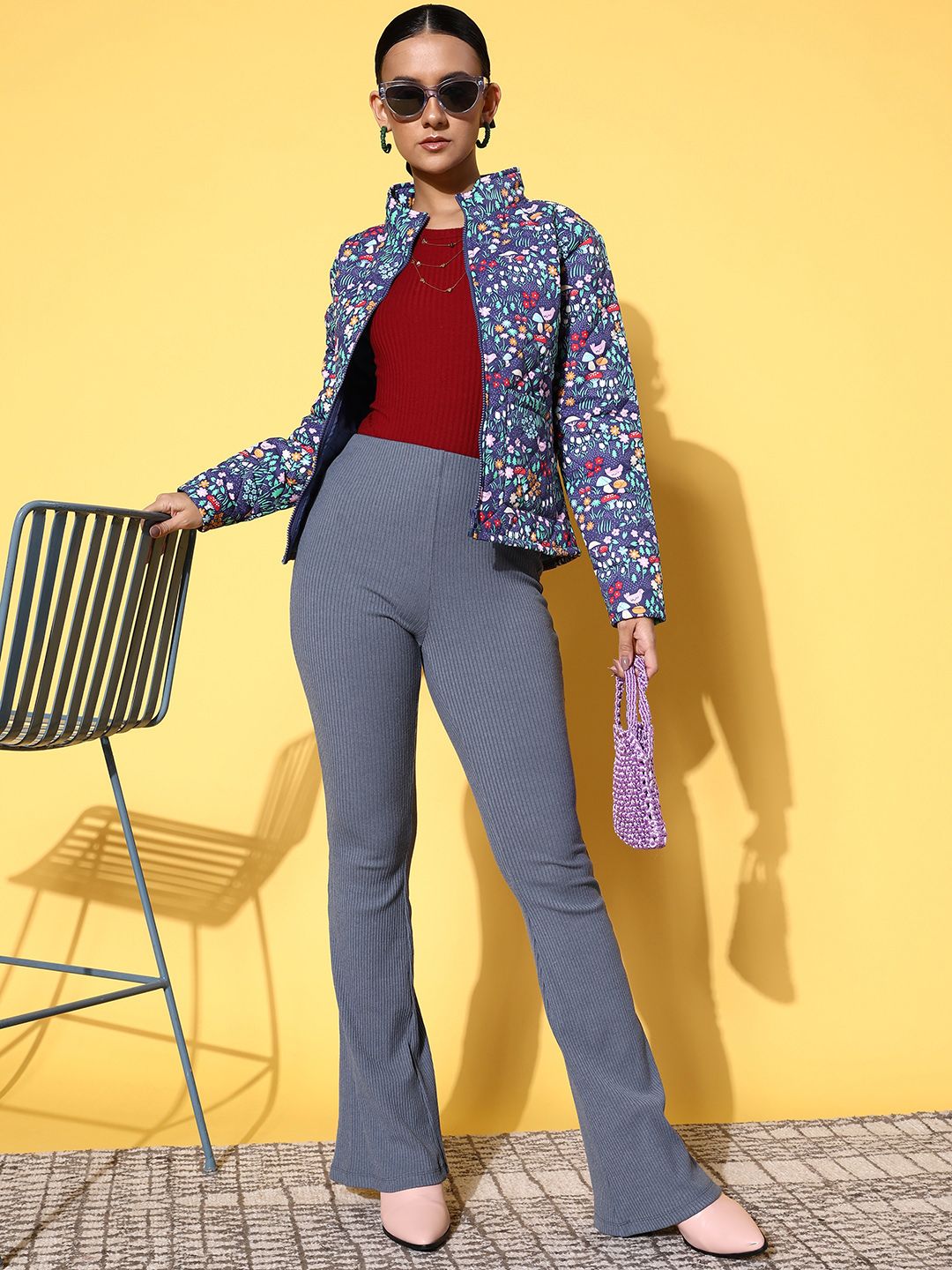 SASSAFRAS Women Purple & White Floral Print Padded Jacket