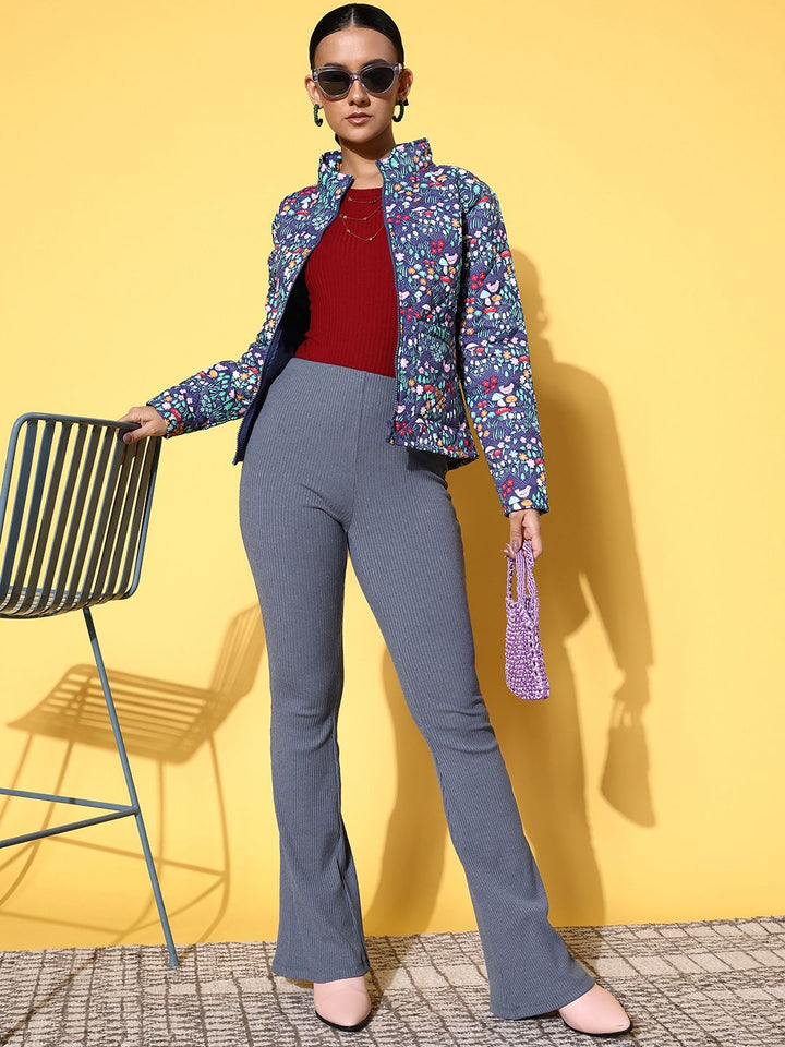 SASSAFRAS Women Purple & White Floral Print Padded Jacket