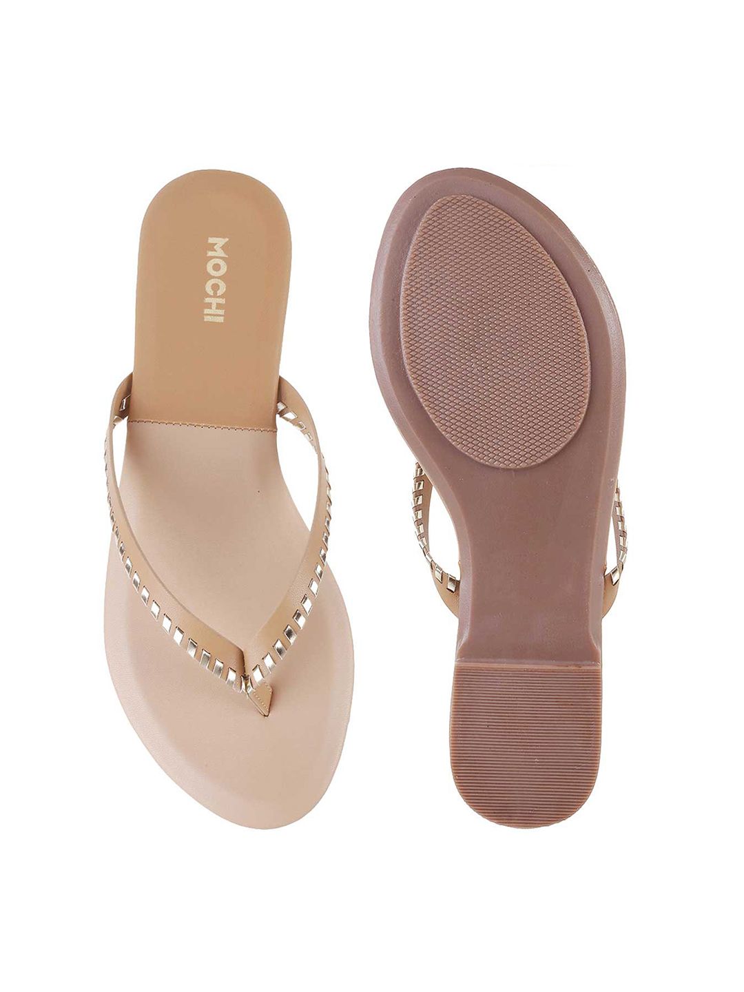 Mochi Women Beige Embellished Open Toe Flats