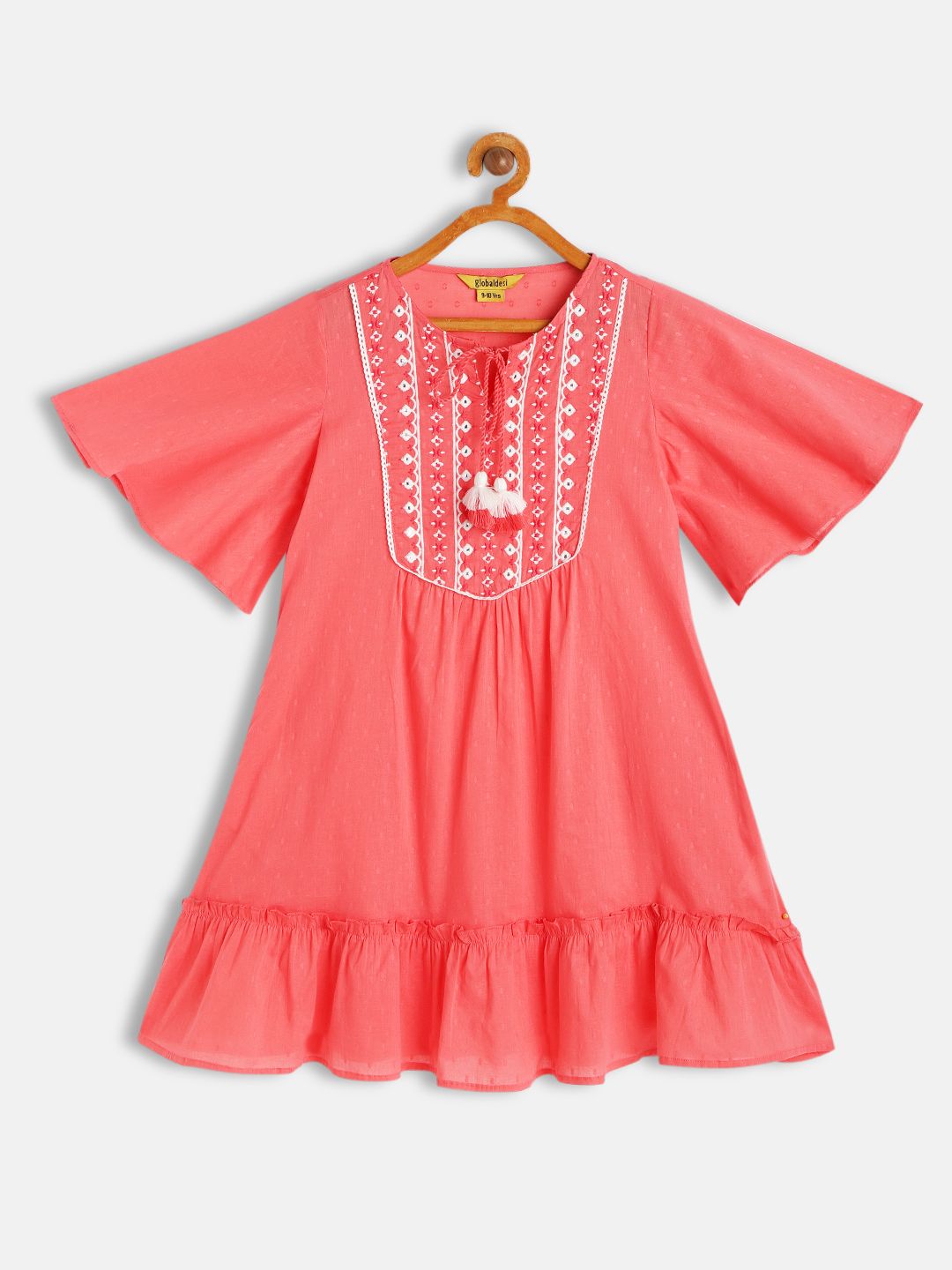 Global Desi Girls Coral Pink Self Design Tie-Up Neck Flared Sleeves Cotton A-Line Dress