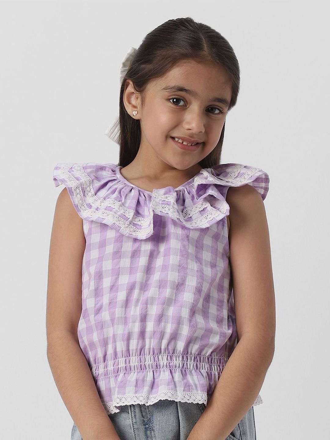 Nauti Nati Girls Checked Peter Pan Collar Cotton Cinched Waist Top