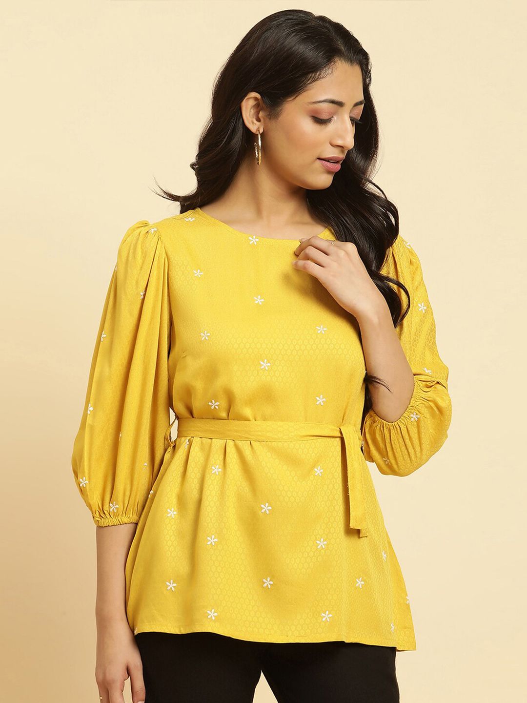 W Floral Embroidered Cinched Waist Top