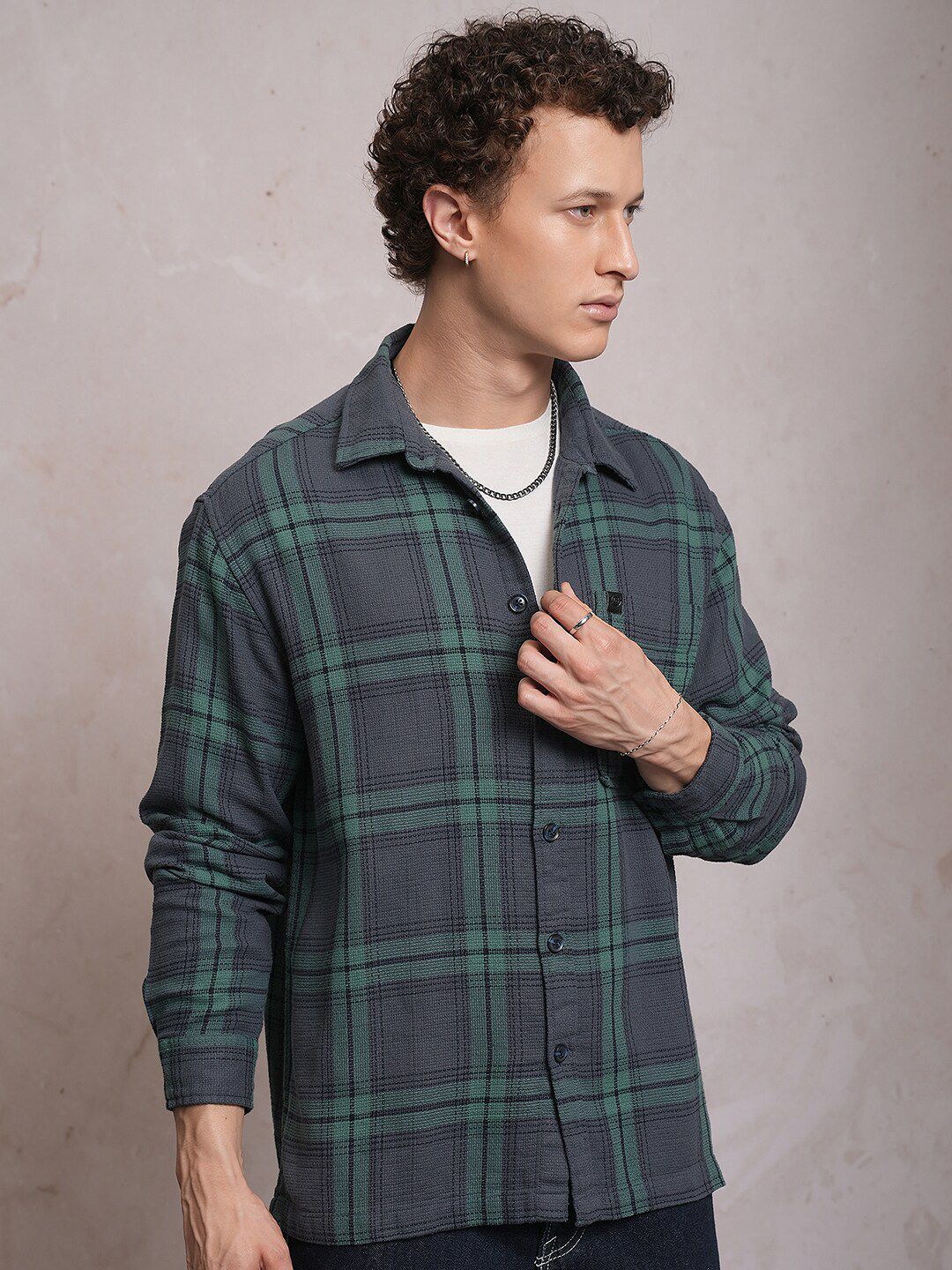 Locomotive Men Blue Dobby Textured Checked Cotton Overshirt