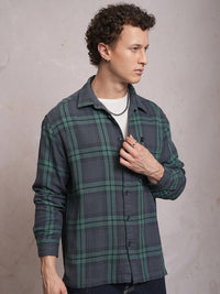 Locomotive Men Blue Dobby Textured Checked Cotton Overshirt