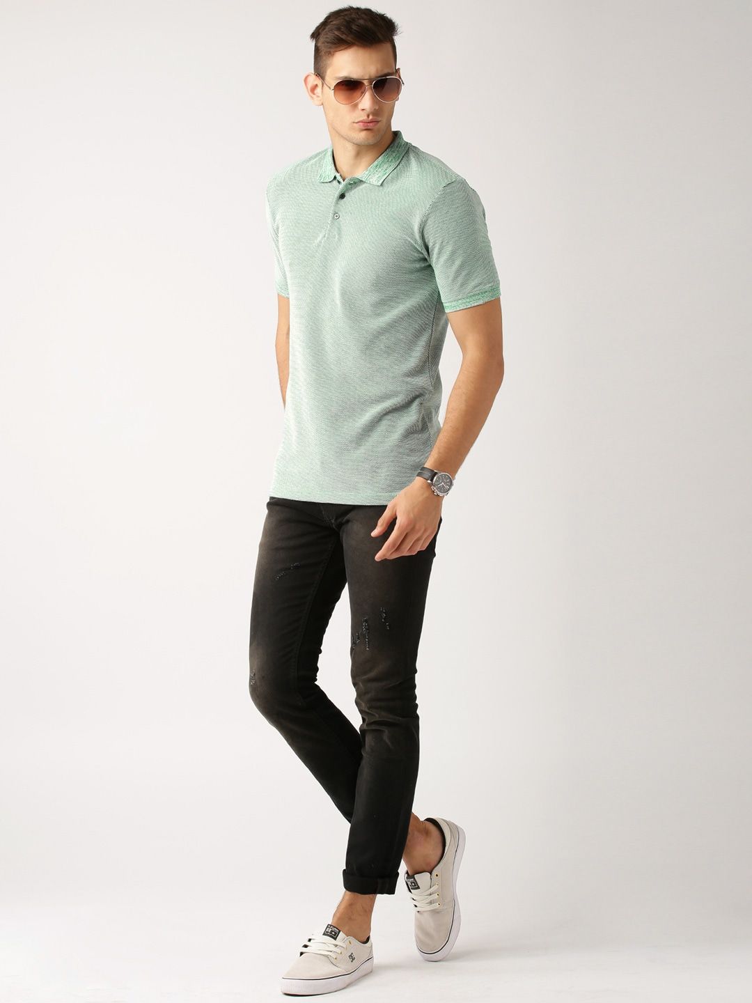 ether Men Green  White Self Design Slim Fit Polo Collar Pure Cotton T-shirt