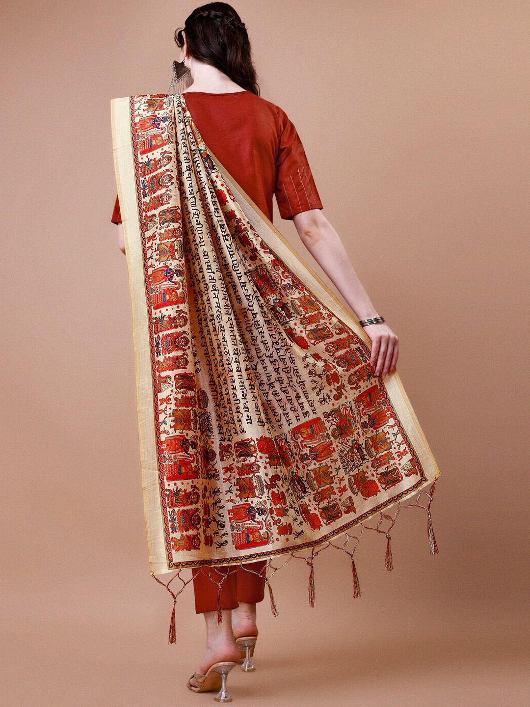 KALINI Striped Embroidered Boat Neck Straight Kurta With Trousers & Dupatta