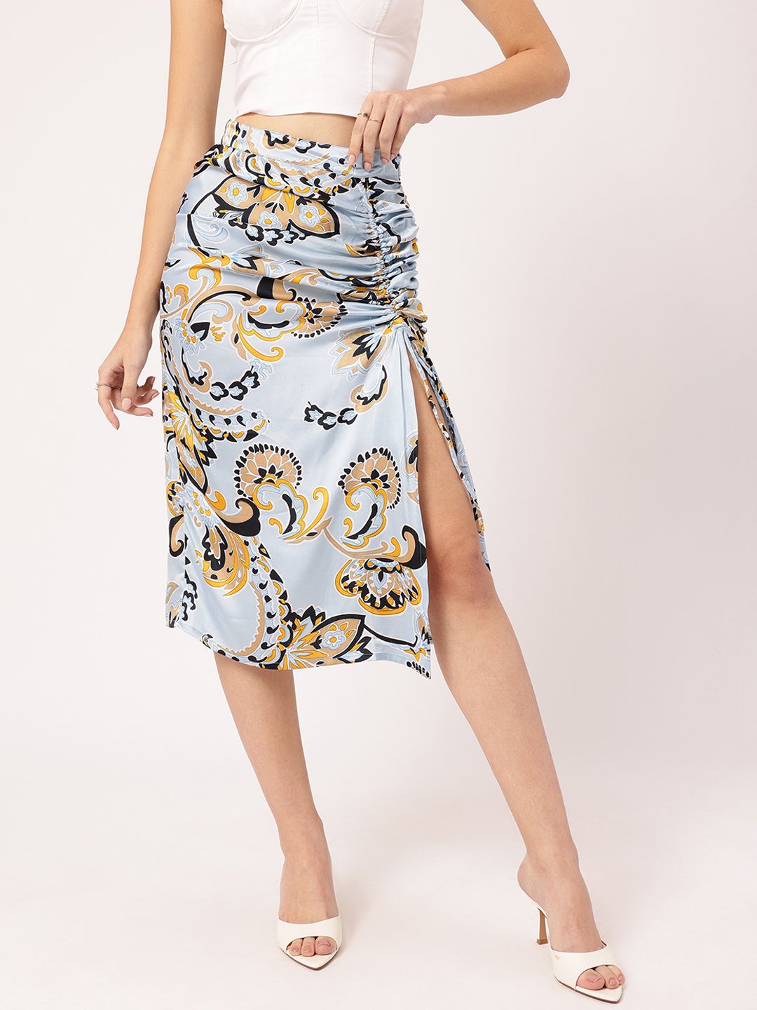 DressBerry Indie Vibes Printed Ruched A-Line Skirt