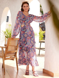 STREET 9 Floral Printed Puffed Sleeves Ruflles Georgette Cut-Out Maxi Dress