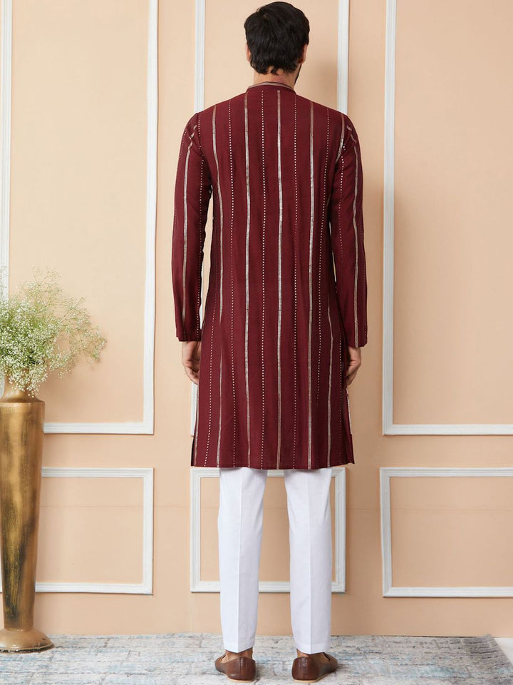 See Designs Striped Mandarin Collar Thread Work Straight Kurta With Trousers