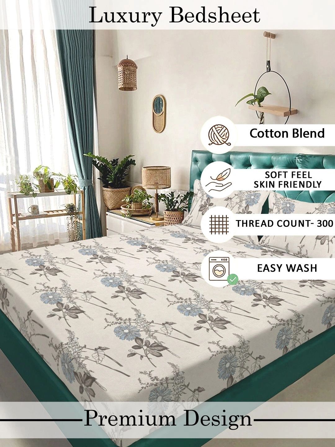 Moda Rapido X KLOTTHE Cream-Coloured Floral 300 TC King Bedsheet with 2 Pillow Covers