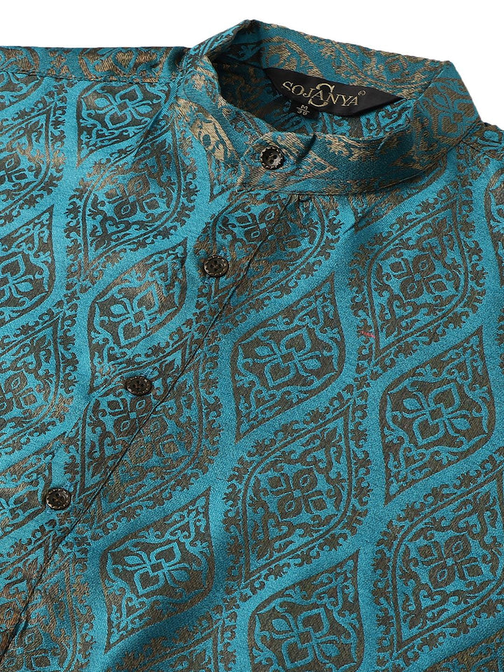 SOJANYA Men Teal & Gold-Toned Jacquard Kurta