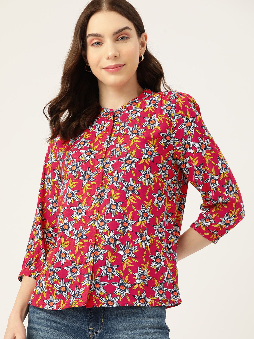 DressBerry Floral Print Mandarin Collar Puff Sleeves Shirt Style Top