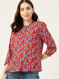 DressBerry Floral Print Mandarin Collar Puff Sleeves Shirt Style Top