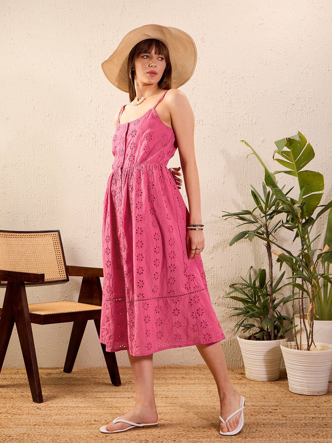 SASSAFRAS Pink Self Design Pure Cotton Fit & Flare Midi Dress