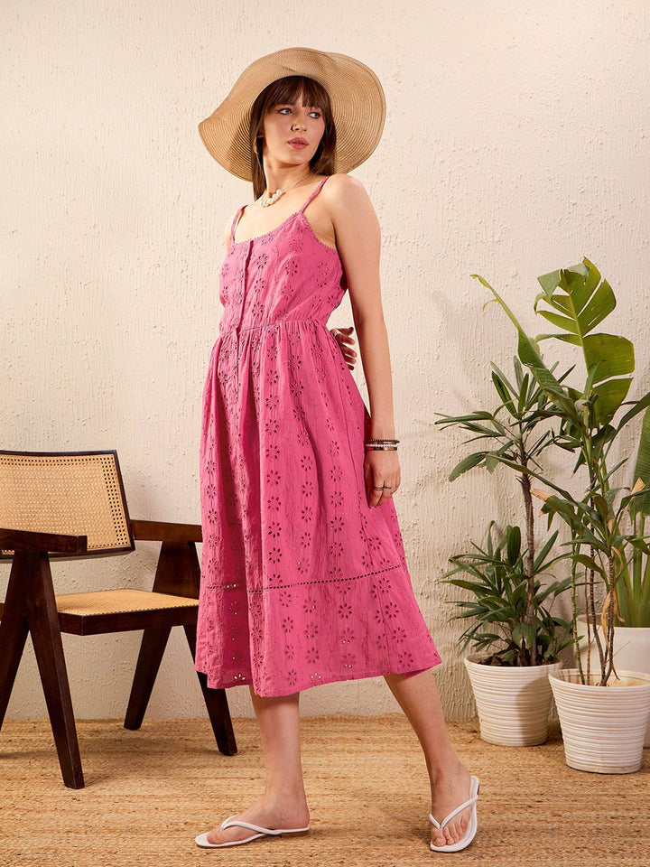 SASSAFRAS Pink Self Design Pure Cotton Fit & Flare Midi Dress