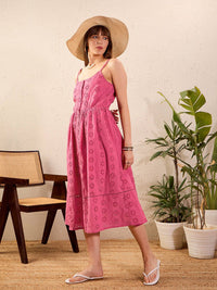 SASSAFRAS Pink Self Design Pure Cotton Fit & Flare Midi Dress