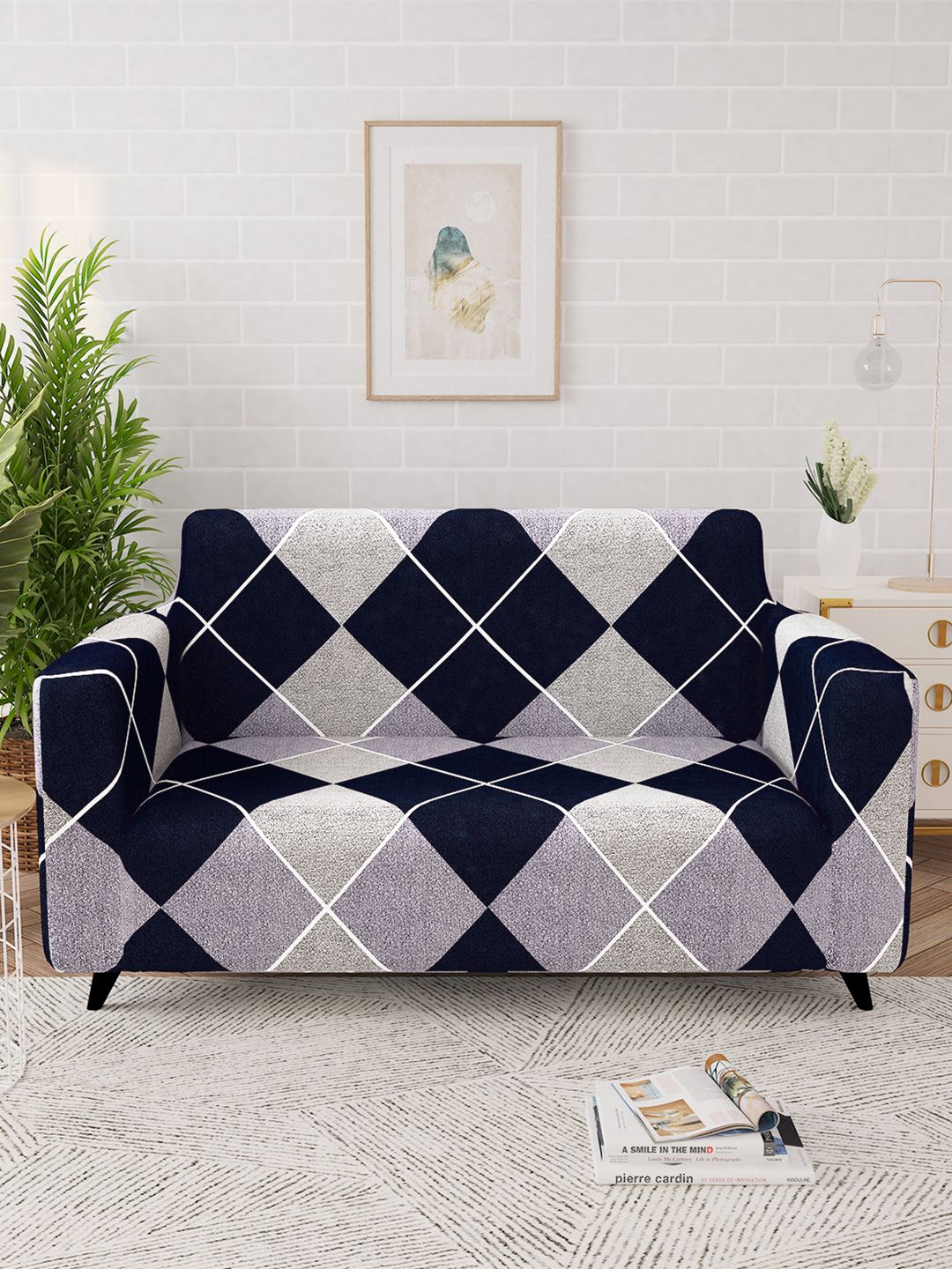 Story@home Navy Blue & White Printed 2 Seater Stretchable Sofa Cover With Arms