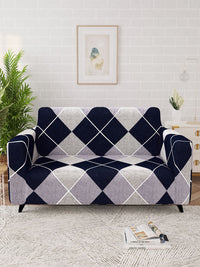 Story@home Navy Blue & White Printed 2 Seater Stretchable Sofa Cover With Arms