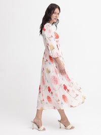 RAREISM Women White Floral Print Flared Sleeve Fit & Flare Midi Dress