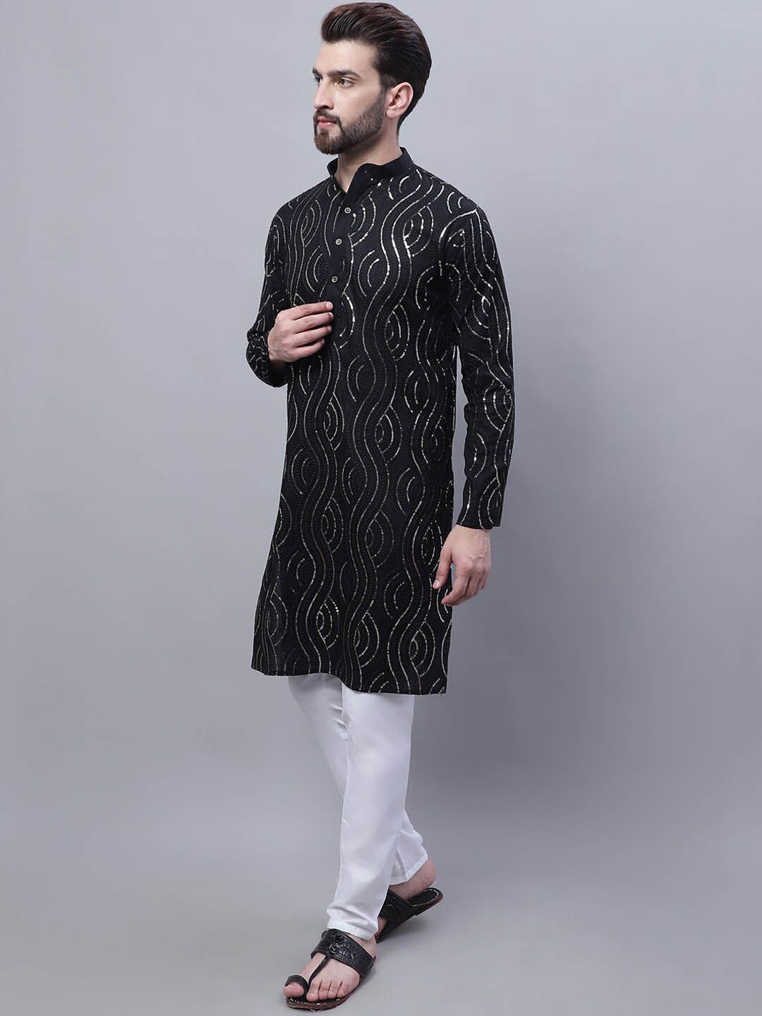 SOJANYA Embroidered Sequinned Pure Cotton Kurta and Churidar with Nehru Jacket