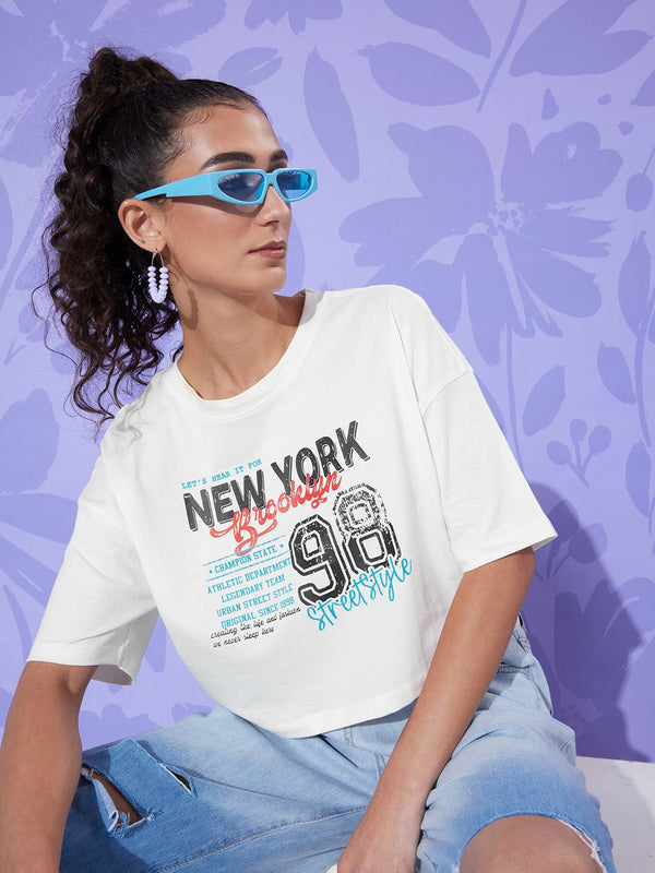 Dressberry Women Typography Print Drop-Shoulder Sleeves Cotton Crop Boxy T-shirt