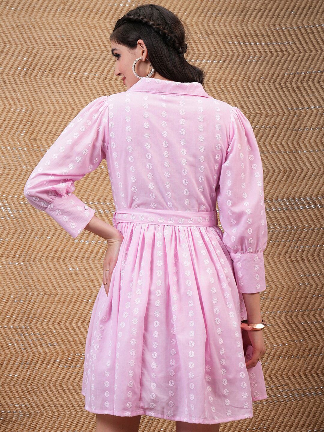Vishudh Pink Floral Embroidered Belted Fit & Flare Dress