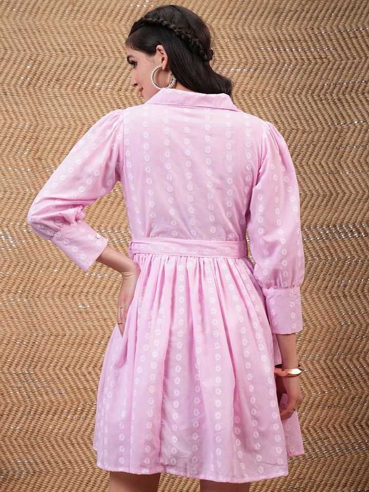Vishudh Pink Floral Embroidered Belted Fit & Flare Dress