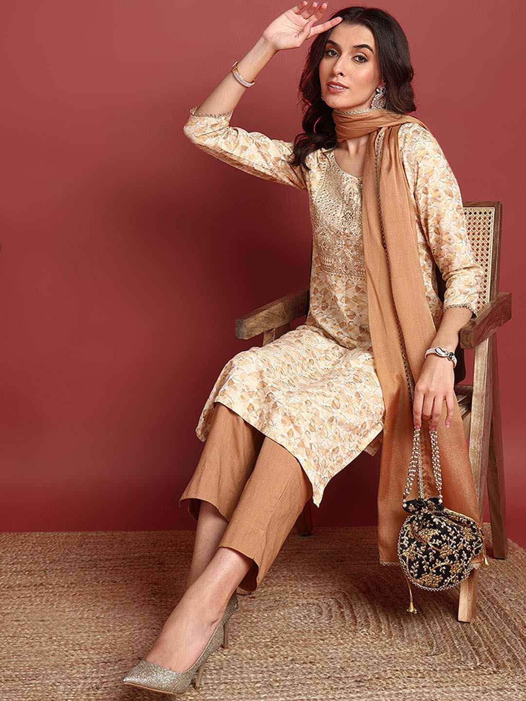 KALINI Women Printed Regular Sequinned Kurta with Trousers & With Dupatta